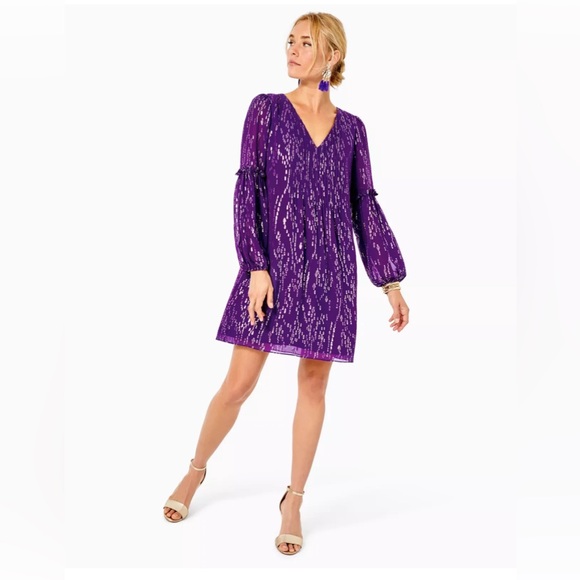 New Lilly Pulitzer Cleme Silk Dress Purple Berry Fish Clip Chiffon Gold Size 00 - Picture 2 of 6